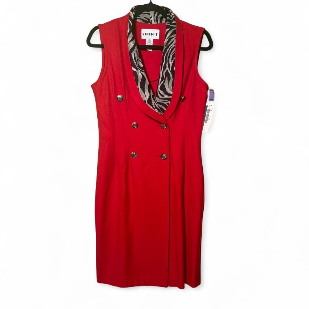Studio I red sleeveless dress with zebra print collar and buttons.  Size 8